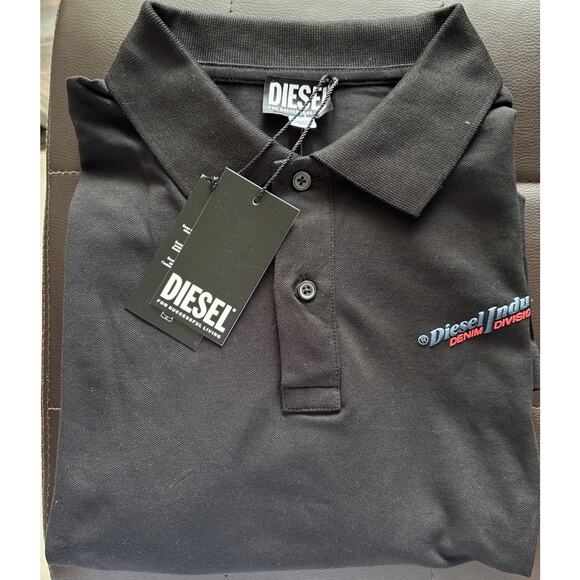 NWT Diesel Industry Mens Polo Shirt Black XL Denim Division Logo $125 Cotton - Picture 1 of 13